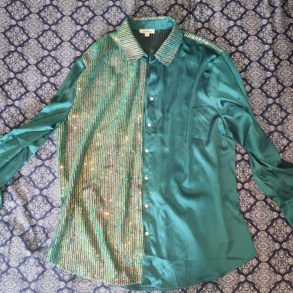 Elegant Teal Satin Women's Button Down Shirt